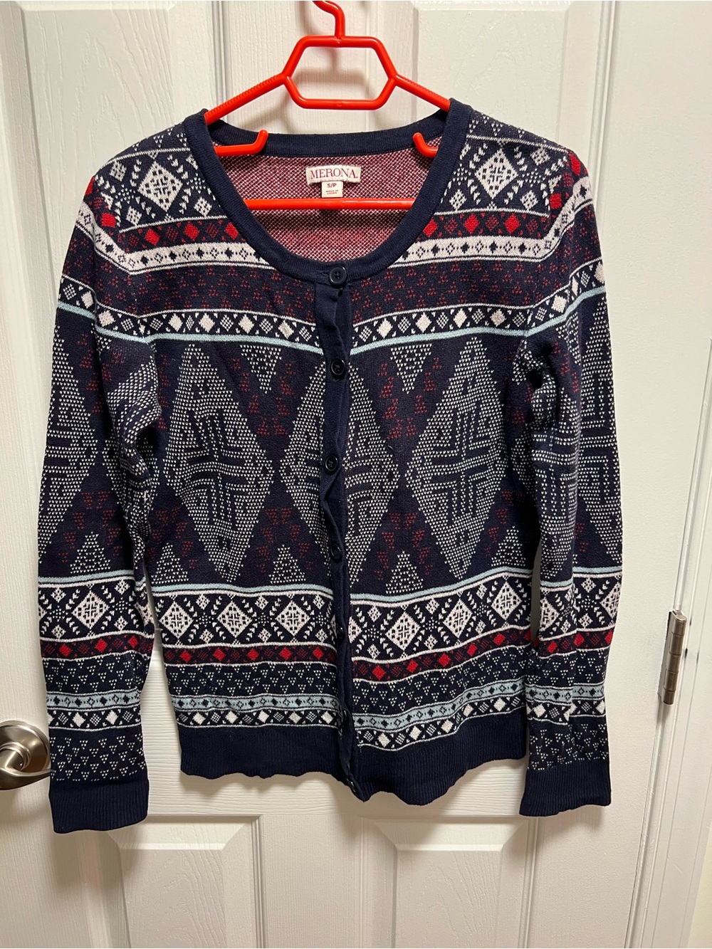 Merona Navy Fair Isle Button Cardigan with Red & White Accents